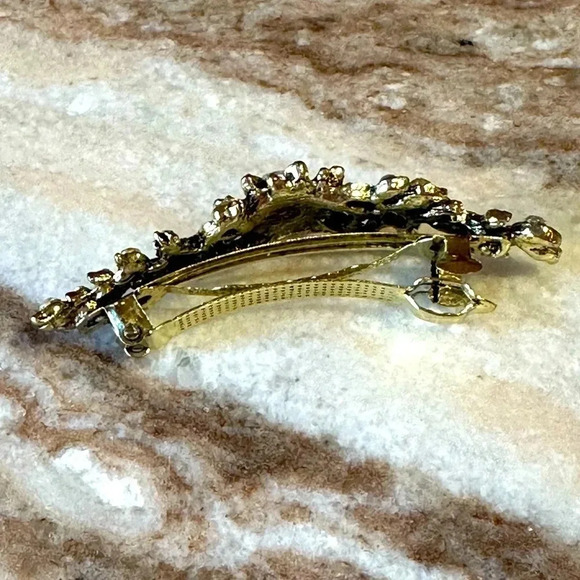 Floral Crystal Rhinestone Medium Barrette/Hair Clip Gold Tone Setting - Picture 5 of 7